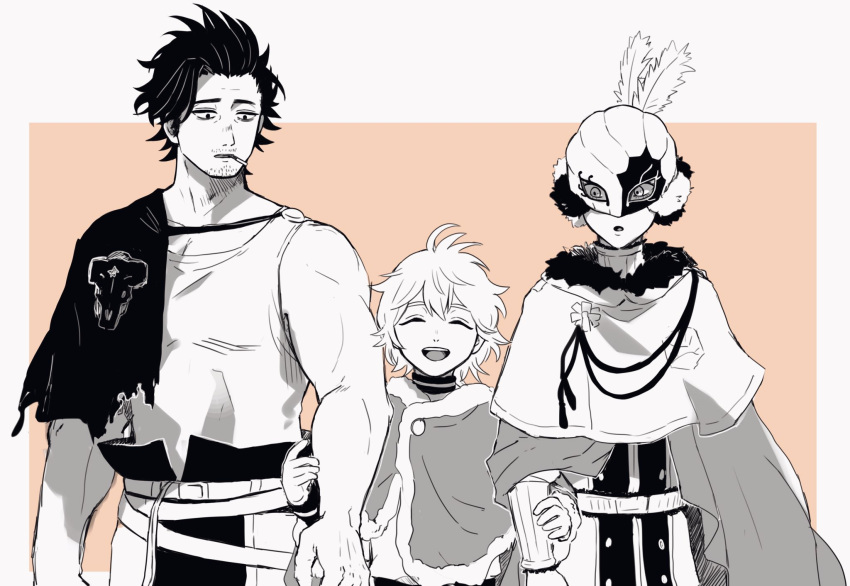 3boys age_difference black_bull_(emblem) black_clover border capelet cloak facial_hair fur-trimmed_capelet fur-trimmed_cloak fur_trim goatee golden_dawn_(emblem) greyscale grin hat_feather height_difference highres long_sideburns looking_at_another luck_voltia male_focus mask monochrome multiple_boys muscular muscular_male mustache nasaya_(sayayu) short_hair sideburns simple_background size_difference smile stubble william_vangeance yami_sukehiro
