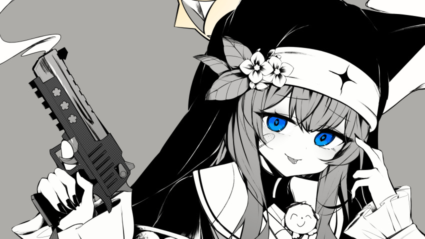 1girl absurdres animal_ear_fluff animal_ears bandaid bandaid_on_face blue_archive blue_eyes dress flower greenteart hair_between_eyes hair_flower hair_ornament halo highres holding kamippoina_(vocaloid) long_hair long_sleeves looking_at_viewer mari_(blue_archive) nun parody simple_background smile solo tongue tongue_out white_background white_flower