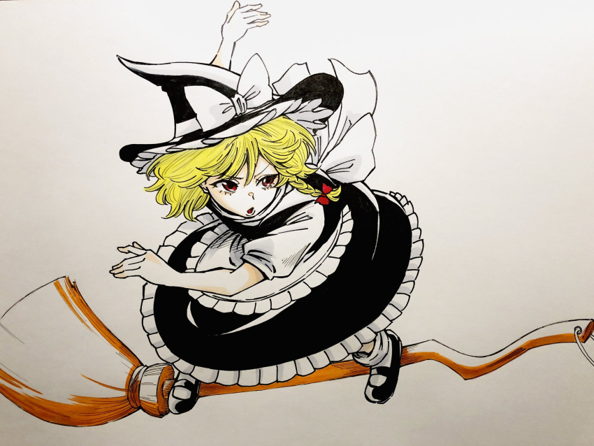 1girl black_footwear black_hat black_skirt black_vest blonde_hair bow braid broom broom_surfing frilled_hat frilled_skirt frills full_body hat hat_bow highres kirisame_marisa mary_janes open_mouth puffy_short_sleeves puffy_sleeves red_eyes s590220 shirt shoes short_sleeves side_braid simple_background single_braid skirt socks solo touhou traditional_media vest white_background white_shirt white_socks witch witch_hat