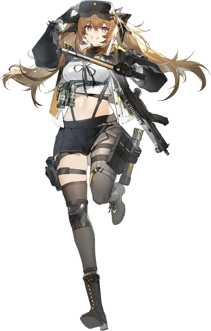 1girl asymmetrical_legwear black_footwear black_gloves black_pantyhose black_thighhighs boots brown_hair full_body girls'_frontline girls'_frontline_2:_exilium gloves grin gun h&k_ump hair_between_eyes hand_up highres jacket long_hair long_sleeves looking_at_viewer navel official_art open_clothes open_jacket pantyhose running shirt single_leg_pantyhose single_thighhigh smile solo stomach submachine_gun teeth thigh_strap thighhighs transparent_background twintails ump9_(girls'_frontline) uneven_legwear very_long_hair weapon white_shirt