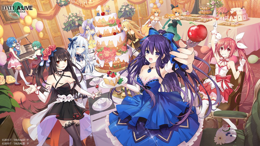6+girls ahoge anniversary armpits balloon bare_shoulders black_dress black_hair black_legwear blonde_hair blue_dress blue_hair breasts cake cake_slice cherry cleavage cup date_a_live date_a_live:_spirit_pledge dress drinking_glass eyebrows_visible_through_hair flower food fork fruit gloves green_dress green_hair heterochromia holding holding_fork holding_plate indoors instrument itsuka_kotori izayoi_miku jewelry long_hair looking_at_viewer mayuri_(date_a_live) multiple_girls music necklace nightgown official_art one_eye_closed open_mouth piano pink_dress plate playing_instrument playing_piano purple_eyes purple_hair red_dress red_eyes red_hair ribbon smile tobiichi_origami tokisaki_kurumi twintails white_dress white_gloves white_hair white_legwear white_ribbon wine_glass yamai_kaguya yamai_yuzuru yatogami_tooka yellow_dress yellow_eyes yoshino_(date_a_live) yoshinon