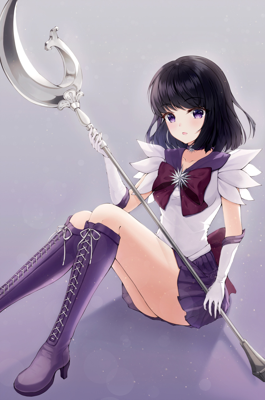 1girl back_bow bishoujo_senshi_sailor_moon boots bow brooch choker circlet earrings elbow_gloves gloves gradient gradient_background highres jewelry looking_at_viewer outer_senshi pleated_skirt prana_(prana12) purple_background purple_footwear purple_sailor_collar purple_theme sailor_collar sailor_saturn sailor_senshi sailor_senshi_uniform silence_glaive sitting skirt solo star_(symbol) star_choker tiara tomoe_hotaru white_background white_gloves