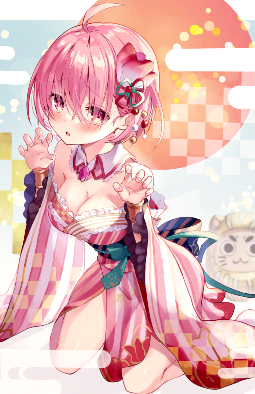 1girl abstract_background ahoge bare_legs blue_bow bow bracelet breasts cleavage cyclamen_(flower_knight_girl) detached_collar flower flower_knight_girl frills full_body furisode hair_bow hair_flower hair_ornament highres japanese_clothes jewelry kimono kneeling looking_at_viewer medium_breasts multicolored_bow pink_eyes pink_hair piyoyanagi raised_eyebrows short_hair solo waist_bow
