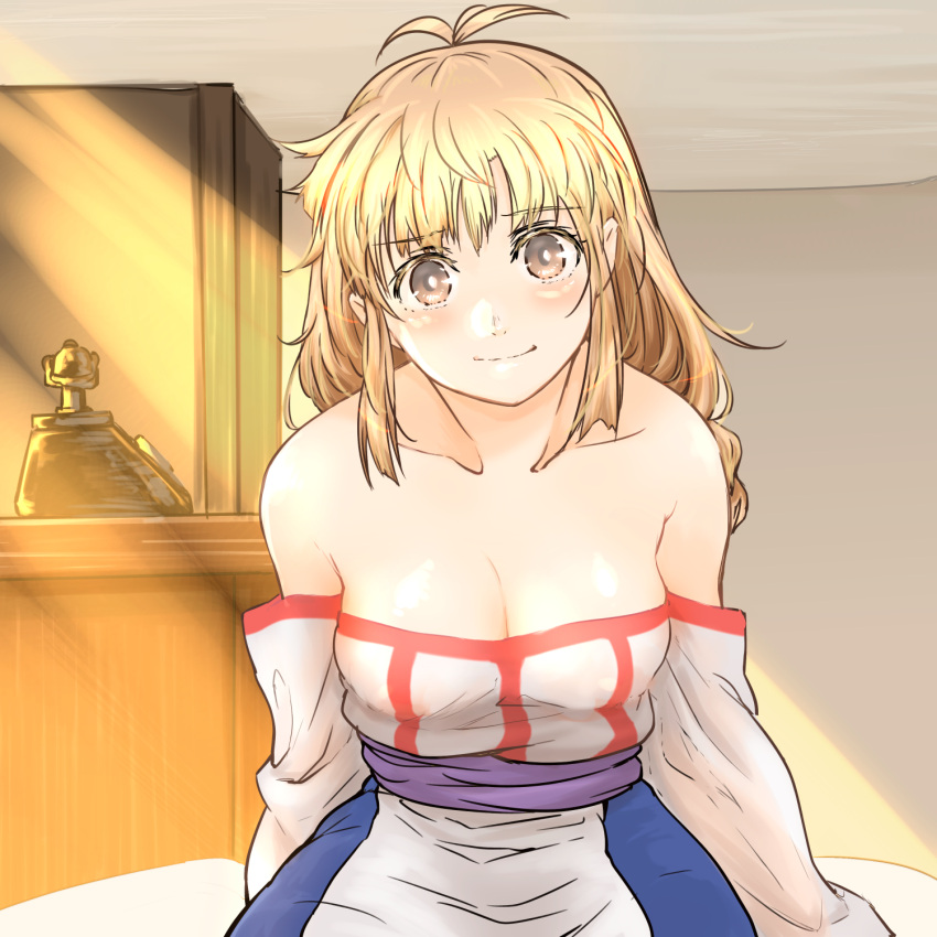 1girl arc_the_lad arc_the_lad_ii bare_shoulders blonde_hair breasts brown_eyes cleavage closed_mouth collarbone commission dress highres hosshi_(nariagari) lieza long_hair looking_at_viewer skeb_commission smile solo