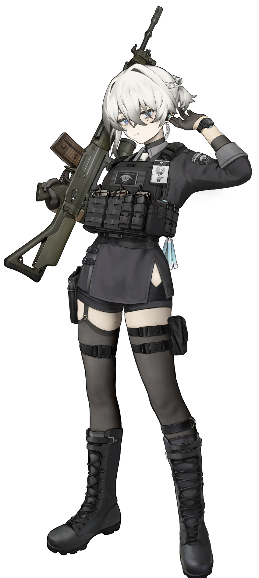 1girl absurdres ammunition_pouch bandaid bandaid_on_face belt belt_buckle black_belt black_footwear black_gloves black_shorts black_thighhighs blue_eyes boots buckle bulletproof_vest commentary_request cross-laced_footwear crossed_bangs earpiece expressionless folded_ponytail full_body garter_straps gloves glowstick gun hair_between_eyes hair_intakes hair_over_one_eye half_up_braid hand_on_own_ear highres hip_vent holding holding_gun holding_weapon holster id_card insignia knee_boots lace-up_boots legs_apart light_blush load_bearing_vest magazine_(weapon) mole mole_on_thigh mole_under_eye multiple_moles necktie original parted_lips police police_uniform policewoman pouch purple_eyes rifle scope seallllion short_ponytail short_shorts shorts side_slit sig_sg550 simple_background single_garter_strap skindentation sleeves_past_elbows solo standing star-shaped_pupils star_(symbol) symbol-shaped_pupils tachi-e tactical_clothes tell_(vrchat) thigh_belt thigh_holster thigh_pouch thigh_strap thighhighs three_quarter_view trigger_discipline turtleneck two-tone_eyes vrchat walkie-talkie watch weapon white_background white_hair white_necktie wing_collar wristwatch