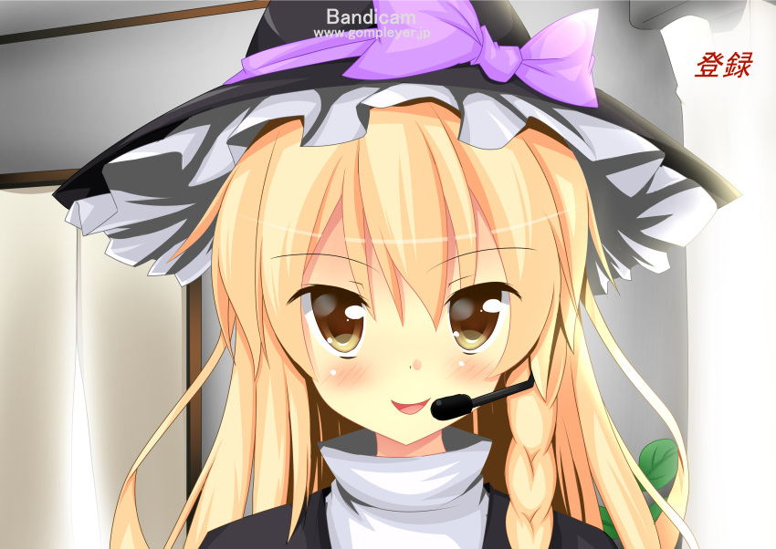 1girl absurdres bandicam bangs black_headwear blonde_hair blush brown_eyes commentary_request cookie_(touhou) curtains eyebrows_visible_through_hair frilled_hat frills hat headset highres indoors kirisame_marisa long_hair looking_at_viewer open_mouth parody plant potted_plant rei_(cookie) smile solo syamu_game szk touhou turtleneck upper_body witch_hat