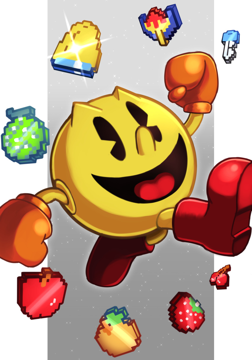 8-bit :d absurdres black_eyes boots food fruit gloves highres long_nose nose orange_gloves pac-man pac-man_(game) pixels red_footwear silverchariotx smile tongue