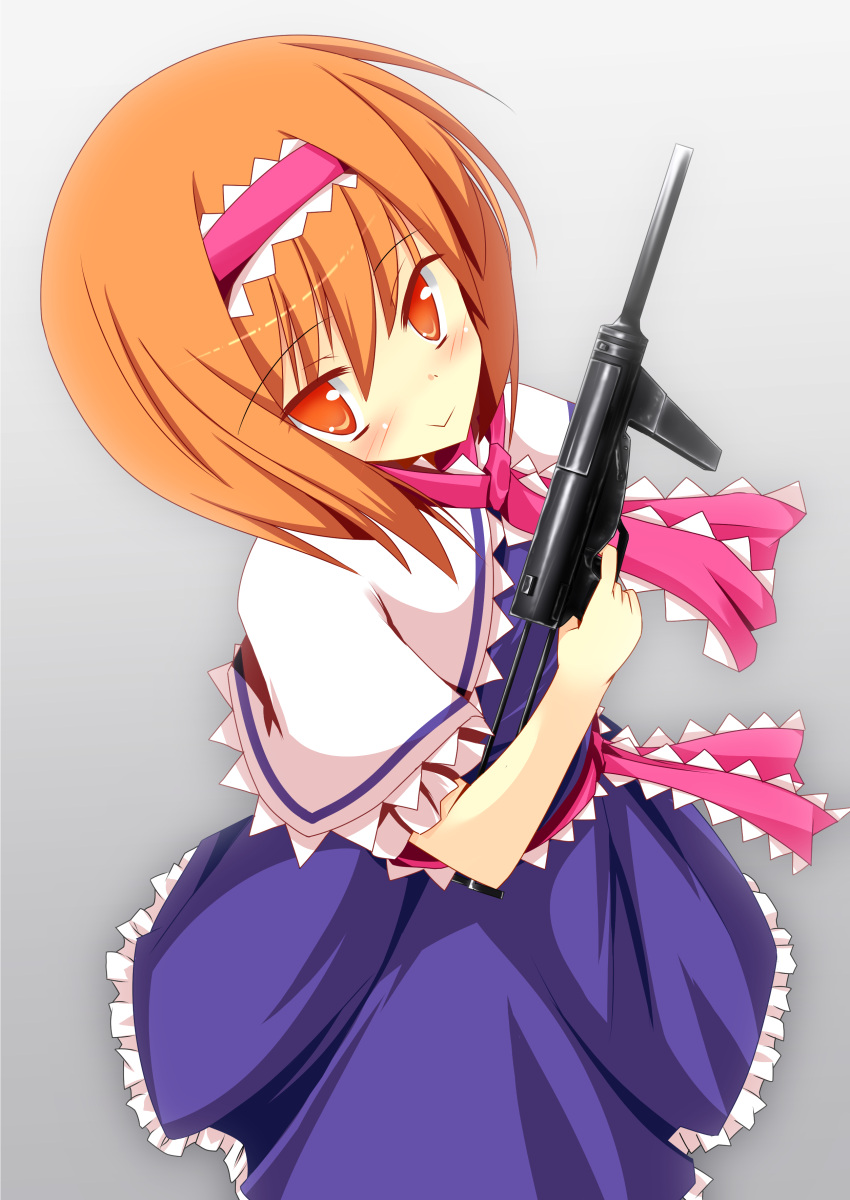 1girl absurdres alice_margatroid bangs blue_dress blush capelet closed_mouth commentary_request cookie_(touhou) dress eyebrows_visible_through_hair frilled_capelet frilled_dress frilled_neckwear frilled_sash frills full_body gun hair_between_eyes highres hinase_(cookie) holding holding_gun holding_weapon looking_at_viewer machine_pistol necktie orange_eyes orange_hair pink_necktie pink_sash sash short_hair smile solo szk touhou weapon white_capelet