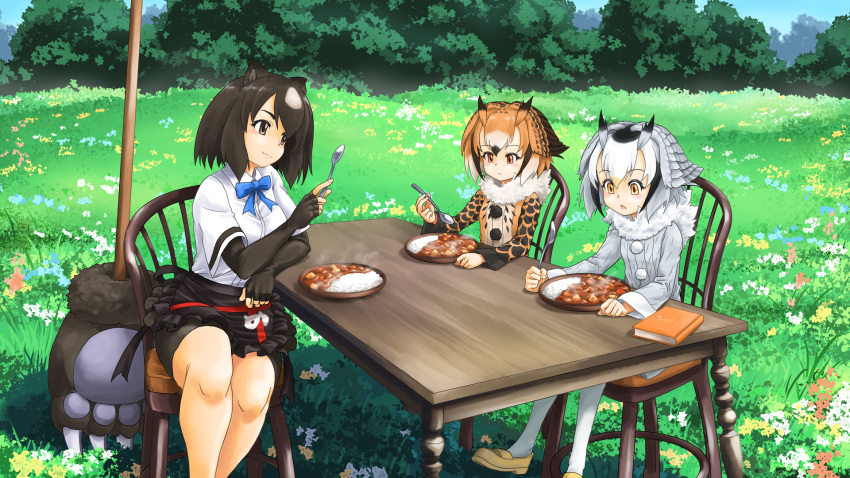 3girls animal_ears apron bangs bear_ears black_bodysuit black_hair blonde_hair bodysuit bodysuit_under_clothes bow bowtie brown_bear_(kemono_friends) brown_coat brown_eyes brown_hair chair closed_mouth coat collared_shirt colored_inner_hair commentary_request curry curry_rice day elbow_rest eurasian_eagle_owl_(kemono_friends) flower food frills fur_collar grass grey_coat grey_hair hair_between_eyes hand_rest hand_up height_difference highres holding holding_spoon japari_symbol kemono_friends long_sleeves looking_at_another looking_at_food looking_at_object medium_hair microskirt multicolored_hair multiple_girls naka_(nicovideo14185763) northern_white-faced_owl_(kemono_friends) outdoors owl_ears pantyhose parted_bangs parted_lips plate pom_pom_(clothes) rice shirt shoes short_sleeves sitting skirt smile spoon steam table two-tone_hair waist_apron white_hair white_legwear white_shirt wing_collar wooden_chair wooden_table yellow_eyes