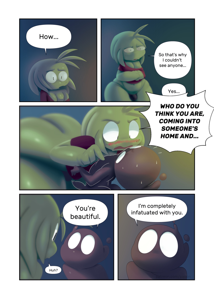 ... alien ambiguous_gender angry bent_over big_butt blush bodily_fluids bulge butt clothing comic dialogue duo empty_eyes english_text ghost green_body grey_body hi_res humanoid infatuation jay_(sqoon) larger_male male open_mouth puwa shirt size_difference smaller_ambiguous speech_bubble spirit sqoon sweat text thong topwear underwear