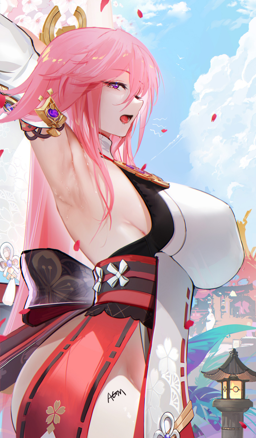 1girl animal_ears armpits arms_behind_head arms_up bangs bare_shoulders breasts detached_sleeves fox_ears genshin_impact hair_ornament highres japanese_clothes jewelry kimono large_breasts long_hair looking_at_viewer necklace obi omone_hokoma_agm open_mouth pendant pink_hair purple_eyes red_skirt sash sideboob sidelocks skirt sleeveless sleeveless_kimono solo thighs very_long_hair white_kimono wide_sleeves yae_(genshin_impact)