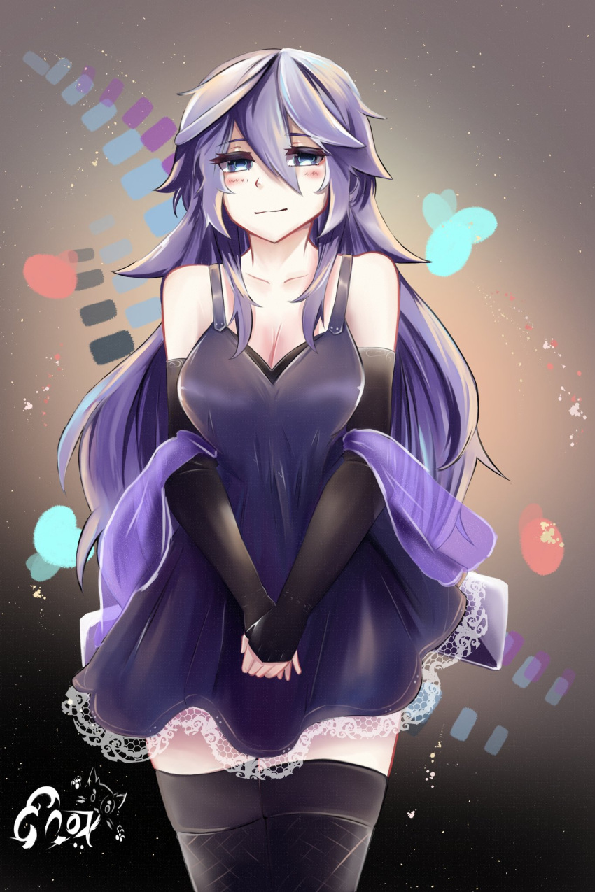 1girl bare_shoulders breasts cleavage dress enoxarte eyebrows_visible_through_hair fingerless_gloves gloves highres long_hair looking_at_viewer older purple_dress purple_hair rosario+vampire shirayuki_mizore smile solo thighhighs upper_body