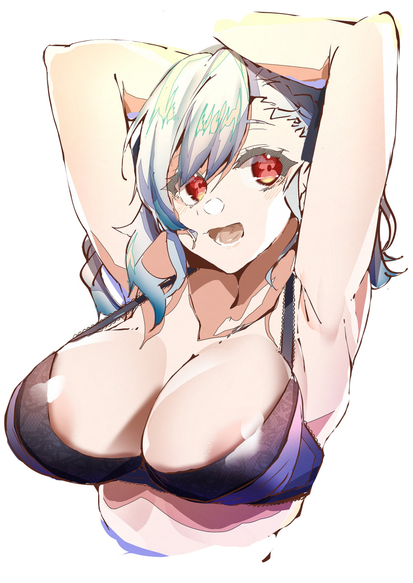 1girl :d absurdres armpits arms_up black_bra bra breasts character_request e_sky_rugo girls'_frontline grey_hair highres large_breasts looking_at_viewer medium_hair open_mouth red_eyes simple_background smile solo underwear upper_body white_background