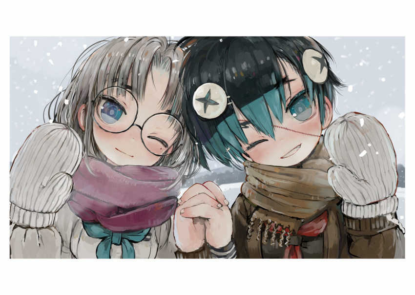 2girls bibi-chan_(ebimomo) black_hair black_shirt blue_eyes blue_hair blue_neckerchief border brown_scarf closed_mouth ebimomo enpera glasses grey_hair grin hands_up heads_together highres interlocked_fingers long_sleeves looking_at_viewer medium_hair mittens mole mole_under_eye multicolored_hair multiple_girls neckerchief one_eye_closed original pink_scarf red_neckerchief round_eyewear scarf school_uniform screw_in_head serafuku shirt short_hair smile snow snowing stitched_face stitches sweater two-tone_hair waving white_border white_sweater winter