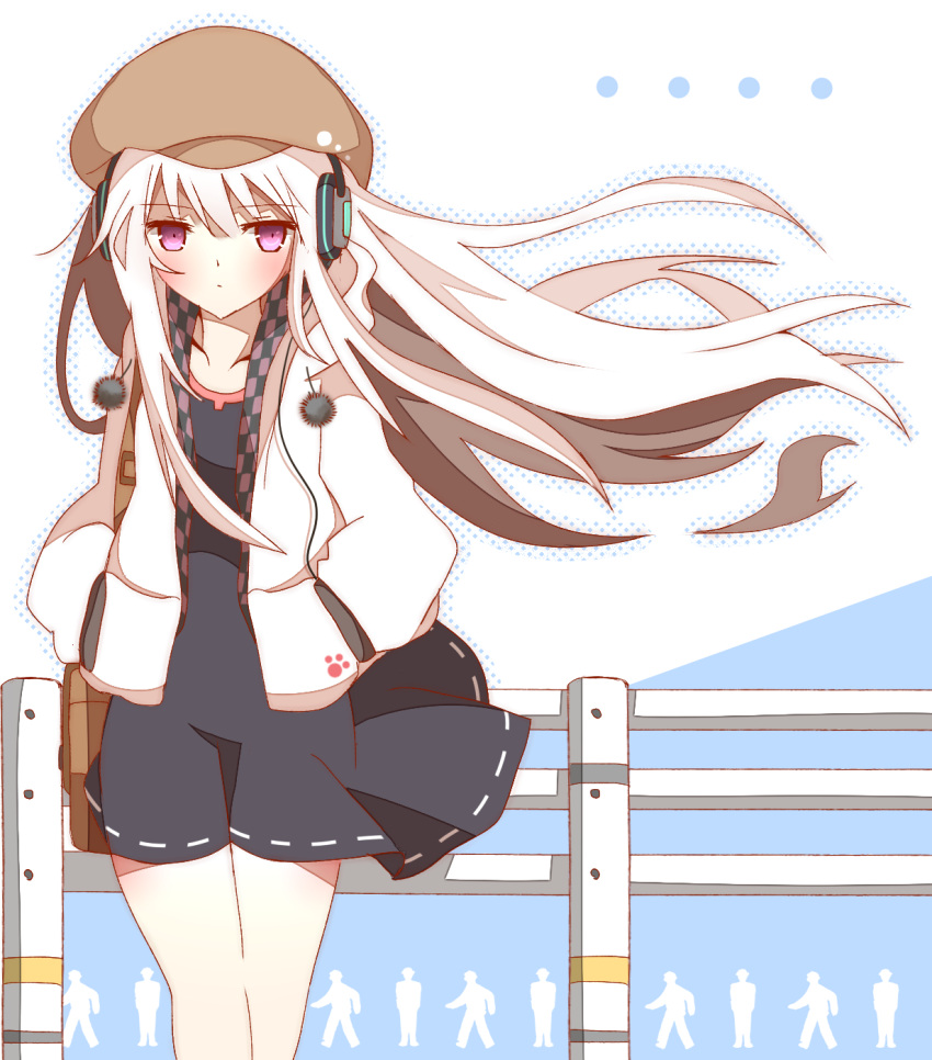 1girl albino bag black_dress blush brown_headwear closed_mouth collarbone commentary_request dress eyebrows_visible_through_hair hands_in_pockets hat headphones highres hood hoodie long_hair non_(wednesday-classic) original paw_print purple_eyes railing shoulder_bag white_hair wind