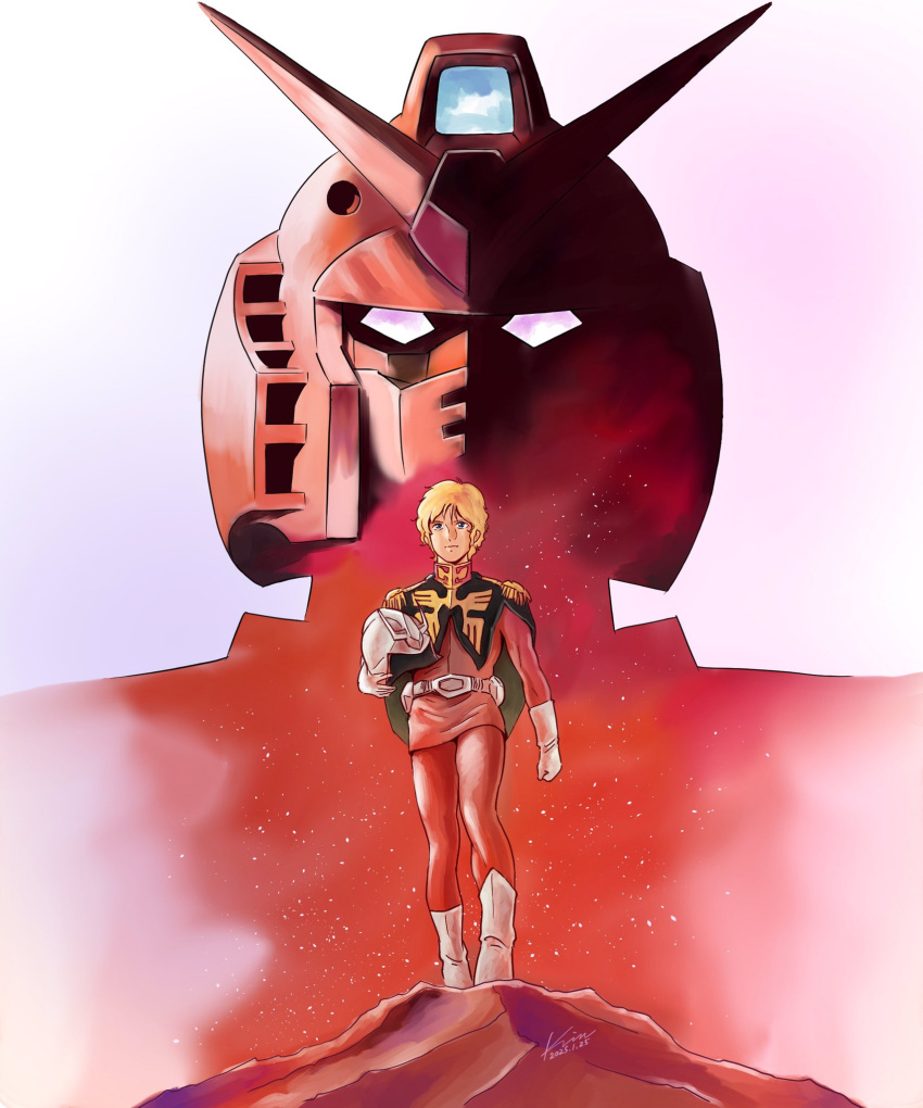 1boy belt blonde_hair blue_eyes boots char_aznable closed_mouth commentary_request dated gloves gundam gundam_gihren_no_yabou helmet highres holding holding_helmet jacket kobakin long_sleeves looking_at_viewer male_focus mecha military military_uniform mobile_suit mobile_suit_gundam retro_artstyle robot rx-78-2 rx-78-2_gundam_casval_custom science_fiction short_hair signature unworn_headwear unworn_helmet v-fin white_footwear white_gloves yellow_eyes zeon
