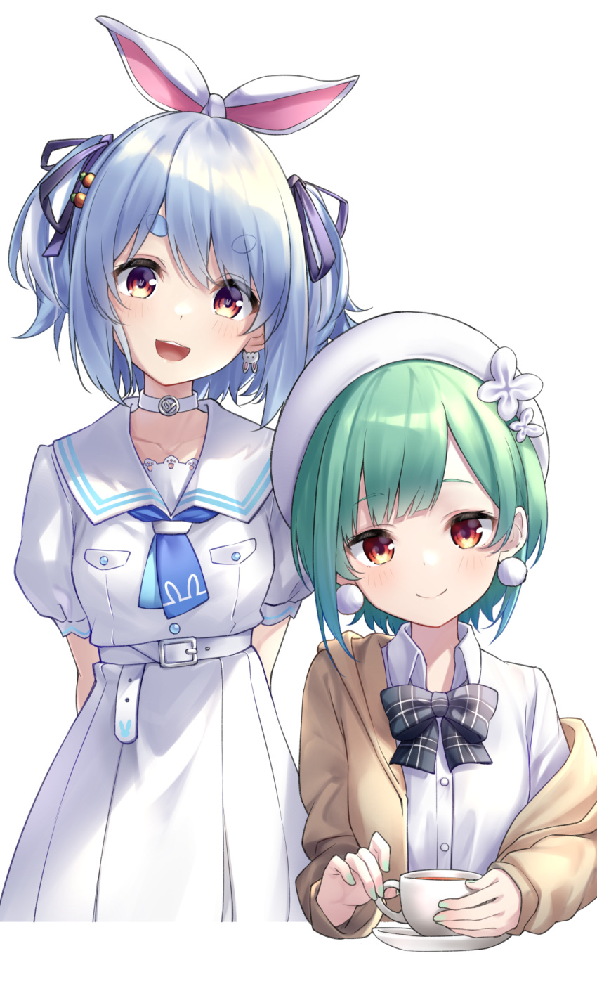 2girls :d bangs beret black_bow black_bowtie blue_hair blue_neckerchief blue_ribbon blush bow bowtie brown_jacket choker closed_mouth collared_shirt commentary_request cup dress earrings eyebrows_visible_through_hair green_hair green_nails hair_ribbon hat highres hololive jacket jewelry long_sleeves looking_at_viewer multiple_girls nail_polish neckerchief open_clothes open_jacket plaid plaid_bow plaid_bowtie pom_pom_(clothes) pom_pom_earrings red_eyes ribbon sailor_collar saucer shirt short_eyebrows short_hair simple_background smile thick_eyebrows tsurupy two_side_up uruha_rushia usada_pekora virtual_youtuber white_background white_choker white_dress white_headwear white_sailor_collar white_shirt