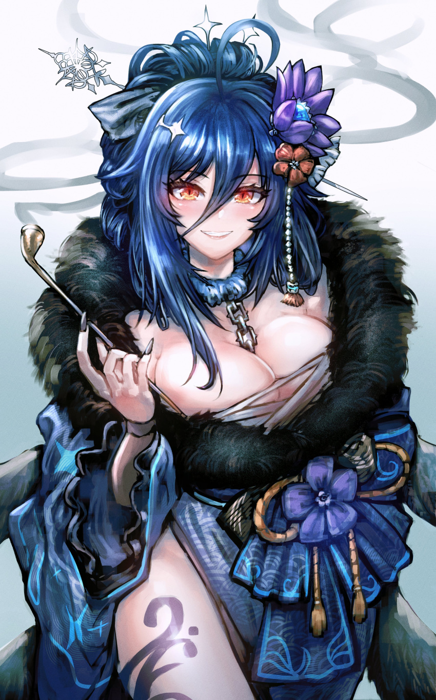 absurdres alternate_costume blue_hair blue_nails breasts cleavage cyberlive dgrp_(minhduc12333) fur-trimmed_kimono fur_trim grin hair_between_eyes highres japanese_clothes kimono looking_at_viewer medium_hair oumiya_emma pipe red_eyes smile tagme virtual_youtuber