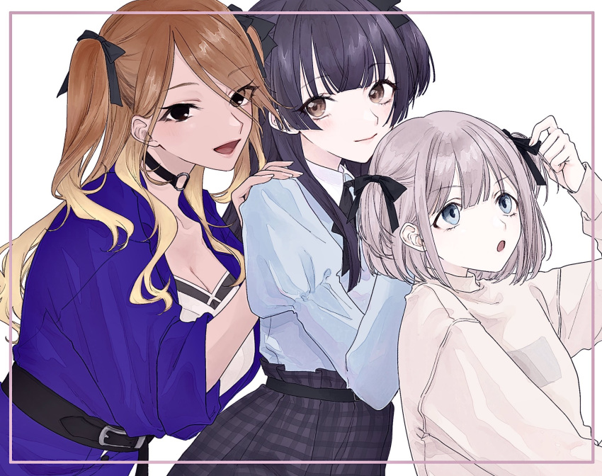 3girls :d alternate_hairstyle bangs blunt_bangs breasts choker cleavage eyebrows_visible_through_hair framed hair_ribbon hands_on_another's_shoulders highres idolmaster idolmaster_shiny_colors izumi_mei juliet_sleeves long_sleeves looking_at_object looking_at_viewer mayuzumi_fuyuko multiple_girls ne_mu_ko05 o-ring o-ring_choker puffy_sleeves ribbon serizawa_asahi simple_background smile straylight_(idolmaster) two_side_up upper_body white_background