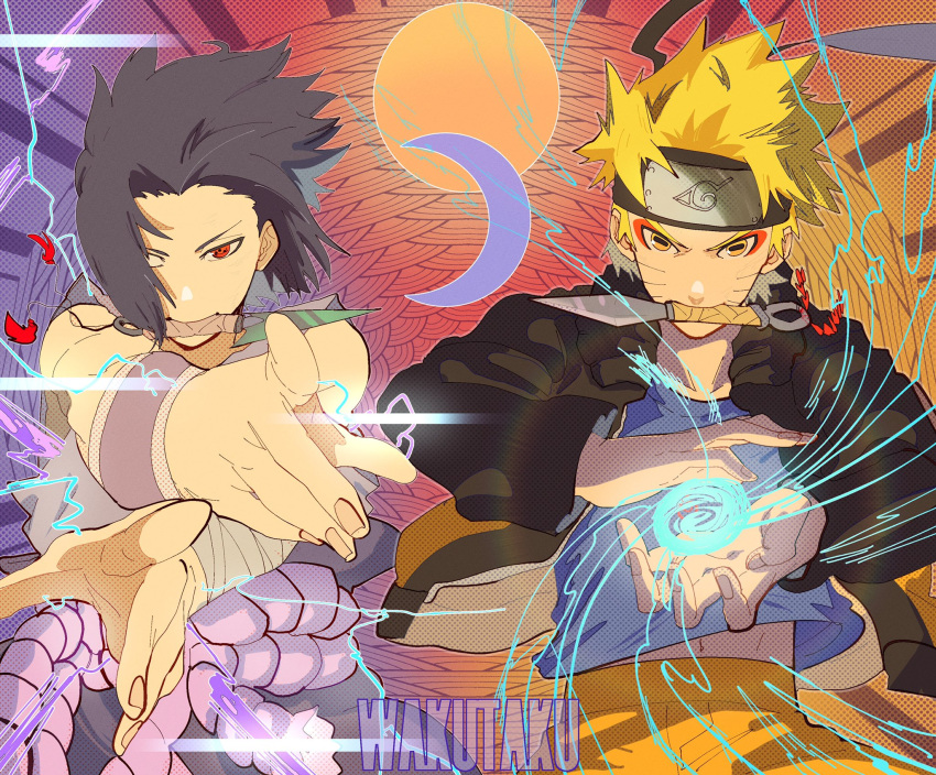 2boys artist_name black_hair blonde_hair fingernails fishnet_top fishnets forehead forehead_protector grey_shirt highres in_mouth jacket konohagakure_symbol kunai long_sleeves looking_at_viewer moon multiple_boys naruto_(series) naruto_shippuuden navel ninja open_clothes open_jacket orange_jacket orange_pants pants rasengan red_eyes sharingan shirt short_hair spiked_hair sun taku_(aywakutakuay) uchiha_sasuke uzumaki_naruto weapon yellow_eyes