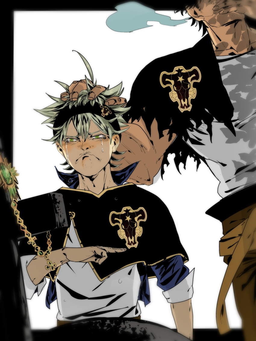 2boys asta_(black_clover) black_capelet black_clover blush capelet crying crying_with_eyes_open head_out_of_frame headpat highres male_focus mature_male multiple_boys muscular muscular_male nose_blush pectorals salute short_hair smoking solo_focus tako3 tank_top tears white_tank_top yami_sukehiro