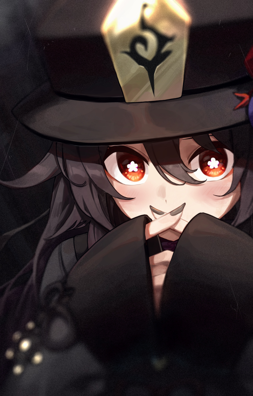 1girl bangs black_headwear black_nails blush chinese_clothes commentary_request crossed_fingers dark_background fingernails flower-shaped_pupils genshin_impact hair_between_eyes hat hat_ornament highres hu_tao_(genshin_impact) long_fingernails long_hair long_sleeves looking_at_viewer nail_polish pellas_(panix2383) red_eyes sleeves_past_wrists solo symbol-shaped_pupils upper_body