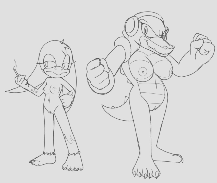anthro big_breasts breasts cigarette crossgender duo female fours_(artist) hi_res muscular muscular_female sega small_breasts sonic_riders sonic_the_hedgehog_(series) tattoo vector_the_crocodile wave_the_swallow