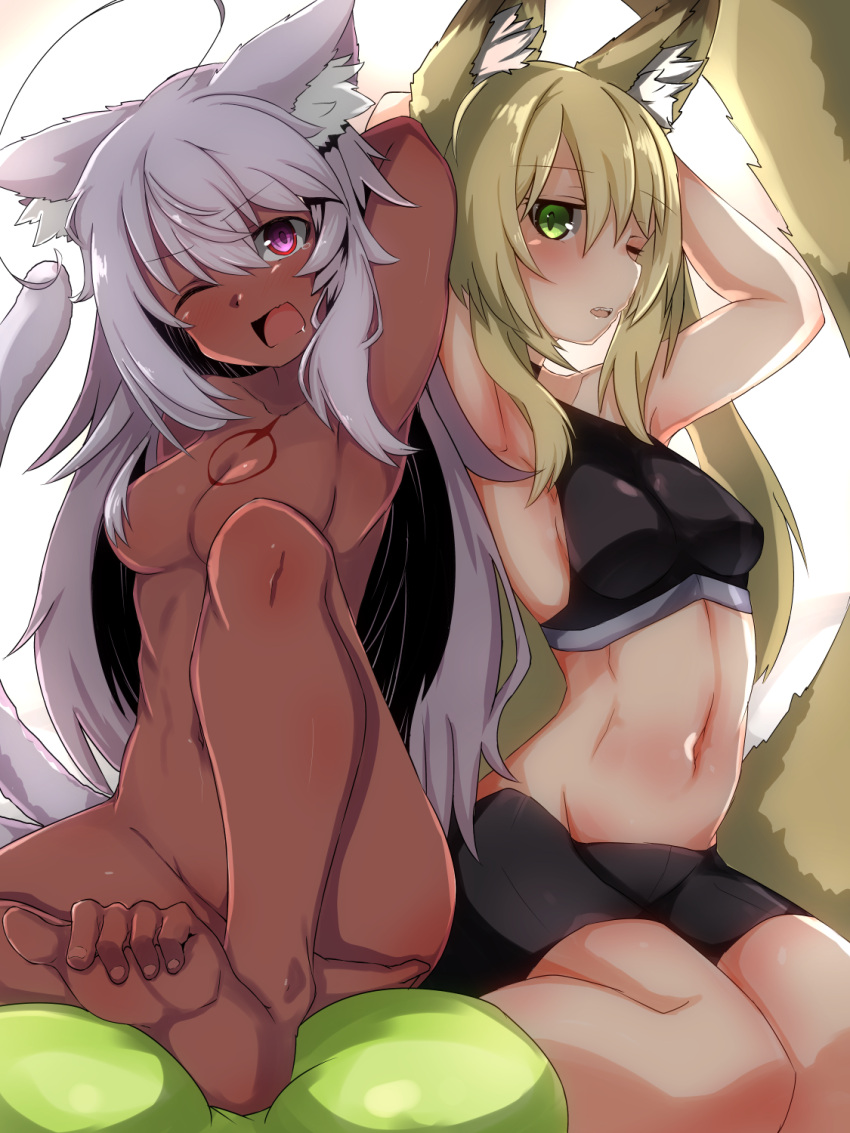 2girls ahoge animal_ear_fluff animal_ears armpits arms_behind_head arms_up bangs barefoot black_shorts blonde_hair blush chest_tattoo collarbone completely_nude convenient_leg dark-skinned_female dark_skin eyebrows_visible_through_hair feet green_eyes grey_hair hair_between_eyes hair_censor highres long_hair looking_at_viewer multiple_girls navel nude ocha_no_mae one_eye_closed open_mouth original parted_lips pink_eyes short_shorts shorts simple_background sitting soles tail tail_raised tattoo teeth toes upper_teeth