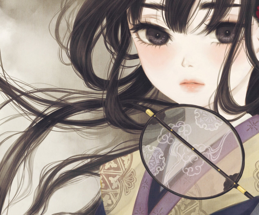 1girl bangs black_eyes black_hair cropped floating_hair hand_fan highres japanese_clothes kimono layered_clothing layered_kimono long_hair long_sleeves looking_at_viewer original paper_fan parted_lips portrait print_kimono sepia_background solo uchiwa ushiyama_ame yellow_kimono