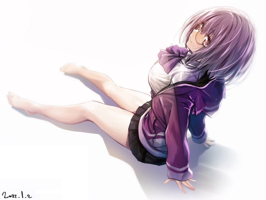 1girl bare_legs barefoot bow bowtie cardigan commentary_request full_body glasses gridman_universe jacket leaning_back looking_at_viewer purple_bow purple_bowtie purple_hair purple_jacket red_eyes school_uniform semi-rimless_eyewear shadow shinjou_akane sitting ssss.gridman ueda_metawo white_background white_cardigan