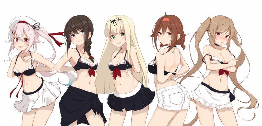 5girls ahoge beret bikini bikini_skirt black_bikini black_hair black_ribbon black_skirt blonde_hair blue_eyes blue_hair braid breasts brown_eyes brown_hair choker cleavage commentary_request commission gradient_hair green_eyes hair_over_shoulder hair_ribbon hairband harusame_(kancolle) hat kantai_collection light_brown_hair long_hair looking_at_viewer low_twintails medium_breasts multicolored_hair multiple_girls murasame_(kancolle) neve orange_hairband pink_hair red_eyes ribbon sarong shigure_(kancolle) shiratsuyu_(kancolle) short_hair shorts side_ponytail simple_background skeb_commission skirt standing straight_hair swimsuit twintails white_background white_headwear white_shorts white_skirt yuudachi_(kancolle)