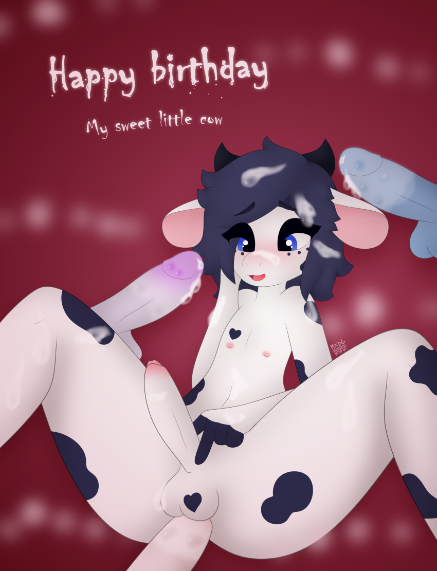 absurd_res anal anal_penetration anthro birthday blue_eyes blush bodily_fluids bovid bovine cattle cum cum_in_ass cum_inside disembodied_penis ejaculation erection genital_fluids genitals girly heart_(marking) hi_res looking_pleasured male mammal markings max_draws nipples nude open_mouth oreo_(max_draws) penetration penis simple_background sitting solo spots spotted_markings spread_legs spreading text touching_penis