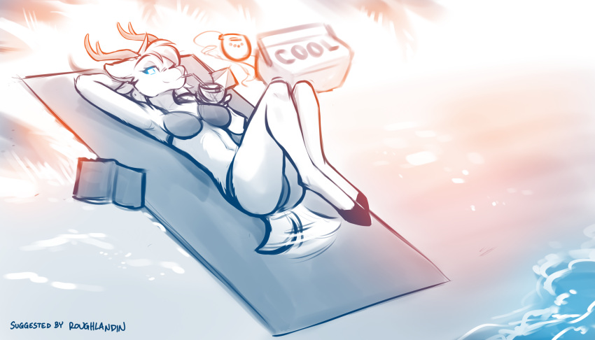 2022 7:4 anthro antlers beach bikini book capreoline cervid clothed clothing conditional_dnp container cup drinking drinking_straw english_text female hand_behind_head hi_res holding_cup holding_object hooves horn legs_up lounging lying mammal midriff monochrome navel on_back one_eye_closed outside reindeer sea seaside sketch skimpy smile solo swimwear tail_motion tailwag text tom_fischbach water