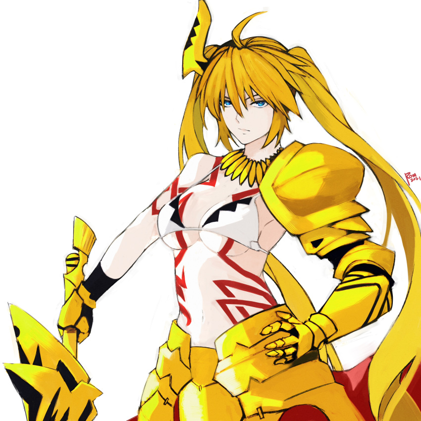 1girl absurdres ahoge angelica_ainsworth armor bikini blonde_hair blue_eyes bra breasts cosplay ea_(fate/stay_night) eyebrows_visible_through_hair fate/kaleid_liner_prisma_illya fate_(series) gilgamesh_(fate) gilgamesh_(fate)_(cosplay) gold_armor hair_between_eyes hair_ribbon highres holding holding_ribbon holding_sword holding_weapon jewelry large_breasts long_hair looking_at_viewer moedredd navel necklace ribbon solo swimsuit sword tattoo twintails underwear very_long_hair weapon white_bikini white_bra