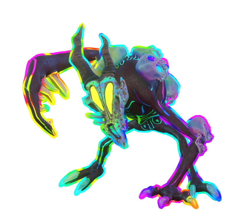 2_toes 3_fingers absurd_res alpha_channel ambiguous_gender black_body black_horn black_skin bone chromatic_aberration claws demon featureless_eyes feet fingers forward_arm_support hi_res horn human_skull long_claws looking_at_viewer markings multicolored_markings official_art panic_attack_(psychonauts) pincher psychonauts rainbow_markings semi-anthro simple_background skull skull_head solo toes transparent_background unknown_artist white_claws yellow_eyes