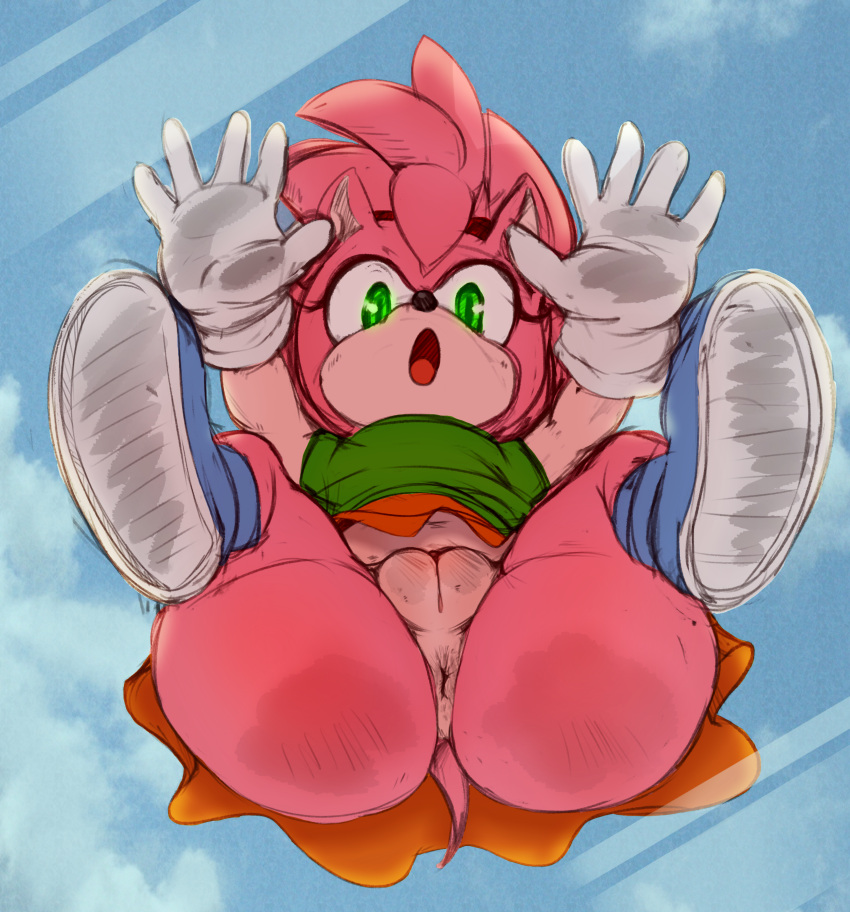 absurd_res accessory against_surface amy_rose anthro anus behind_glass bunihud butt classic_amy_rose classic_sonic_(universe) clothed clothing color_edit colored edit eulipotyphlan female footwear genitals glass gloves handwear headband hedgehog hi_res looking_at_viewer mammal no_underwear on_glass open_mouth pawtsun pussy sega shoes sketch sky solo sonic_the_hedgehog_(series) upskirt