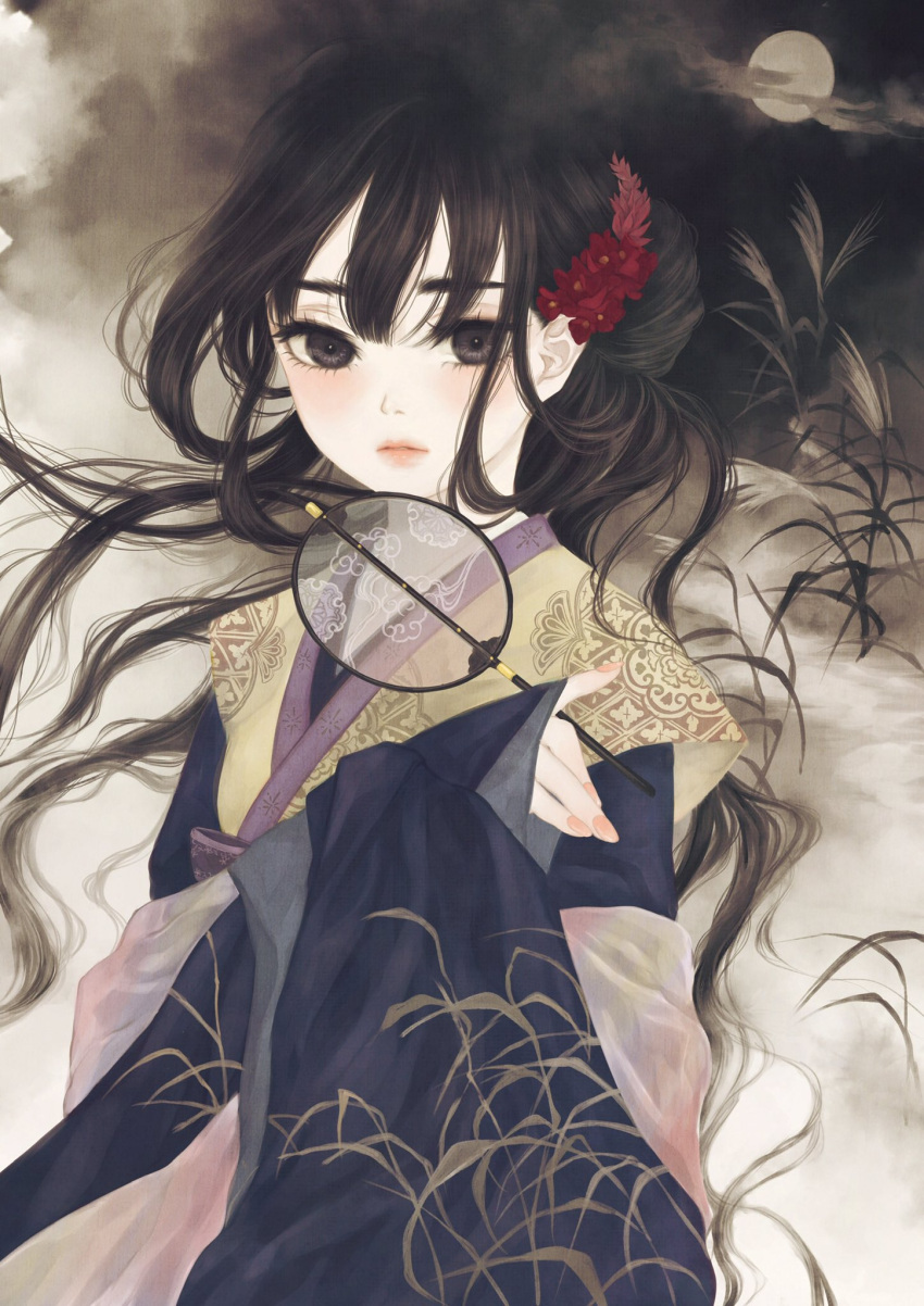 1girl bangs black_eyes black_hair black_kimono cloud commentary_request floating_hair flower full_moon hair_flower hair_ornament half_updo hand_fan hand_up highres holding holding_fan japanese_clothes kimono layered_clothing layered_kimono long_hair long_sleeves looking_at_viewer moon original paper_fan parted_lips plant print_kimono red_flower sepia_background sleeves_past_wrists solo uchiwa upper_body ushiyama_ame wide_sleeves yellow_kimono