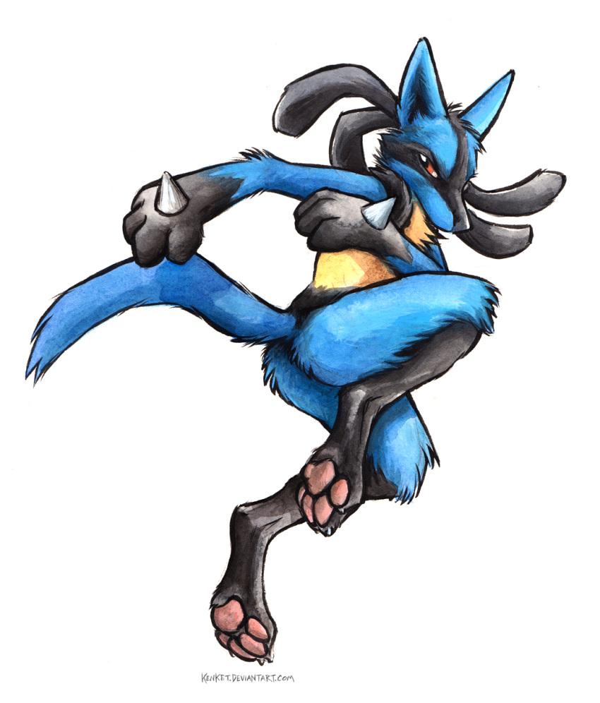 2018 anthro biped black_body black_fur blue_body blue_fur fur hand_spike hi_res jumping kenket lucario multicolored_body multicolored_fur nintendo nude pawpads paws pok&eacute;mon pok&eacute;mon_(species) red_eyes side_view simple_background text two_tone_body two_tone_fur url video_games white_background