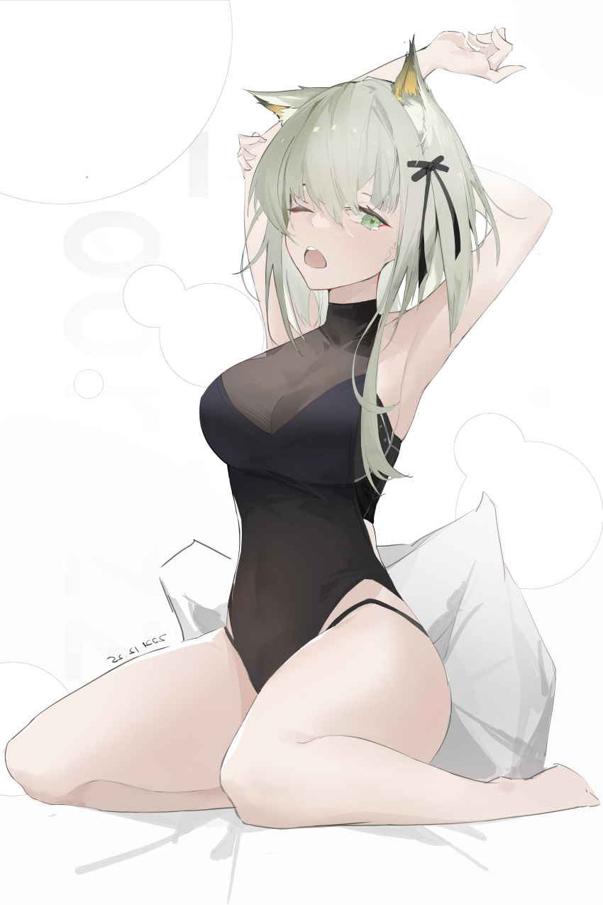 1girl ;o absurdres alternate_costume animal_ears arknights armpits arms_up asymmetrical_hair bad_feet bare_legs barefoot black_leotard black_panties black_ribbon blush breasts cat_ears chinese_commentary cleavage covered_navel curryzcy dated full_body green_eyes hair_between_eyes hair_ribbon highres kal'tsit_(arknights) large_breasts leotard light_green_hair long_hair looking_at_viewer one_eye_closed open_mouth panties panty_straps pillow ribbon see-through simple_background sitting solo stretch tearing_up tears underwear waking_up wariza white_background