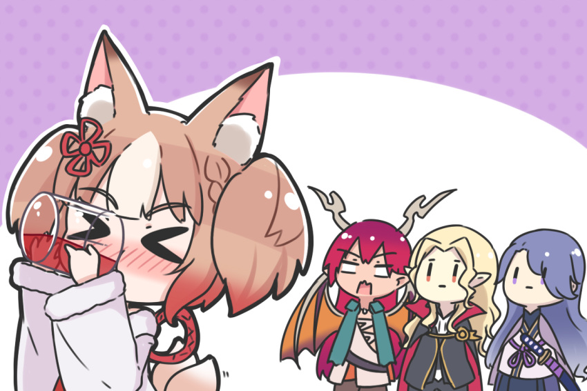 &gt;_&lt; animal_ears bangs black_jacket black_pants black_vest blonde_hair blue_hair blue_skirt blush brown_hair character_request chibi closed_eyes commentary cup drink drinking drinking_glass english_commentary eyebrows_visible_through_hair eyes_visible_through_hair fox_ears fox_girl fox_tail fur-trimmed_sleeves fur_trim gradient_hair hair_over_one_eye holding holding_cup horns jacket katana long_hair long_sleeves motion_lines multicolored_hair nose_blush open_mouth orange_wings pants pleated_skirt pointy_ears polka_dot polka_dot_background purple_background purple_eyes red_eyes red_hair rutorifuki sekka_(shadowverse) shadowverse sheath sheathed shirt skirt sword tail two-tone_background two-tone_hair two_side_up very_long_hair vest wavy_mouth weapon white_background white_shirt wide_sleeves