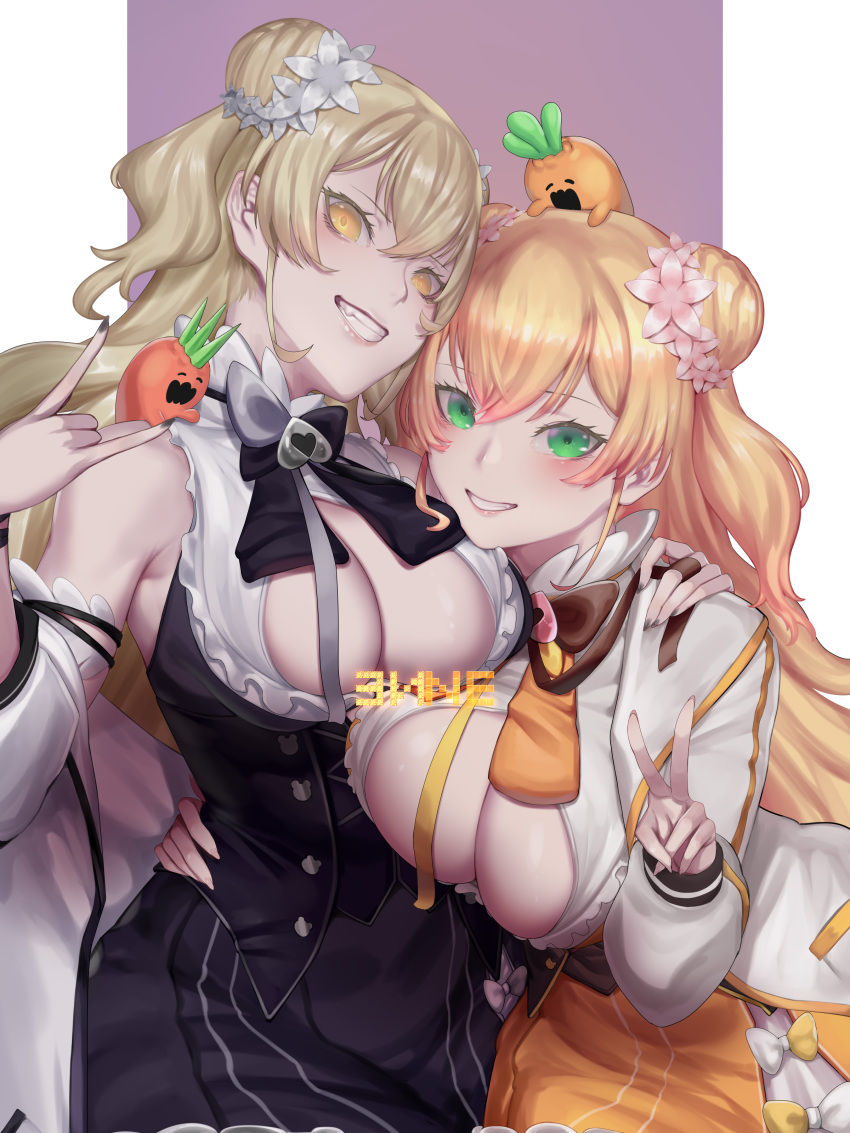 2girls \n/ absurdres alternate_color alternate_eye_color asymmetrical_docking bangs bare_shoulders black_bow black_bowtie black_nails black_skirt blonde_hair bow bowtie breast_press breasts brown_bow brown_bowtie carrot cleavage_cutout clothing_cutout commentary_request corset detached_sleeves double_bun dual_persona eyebrows_visible_through_hair flower green_eyes grin hair_between_eyes hair_flower hair_ornament hand_on_another's_shoulder hand_up highres hololive kumiko_shiba large_breasts leaning_forward long_hair long_sleeves looking_at_viewer momosuzu_nene multicolored_bow multiple_girls nail_polish orange_skirt pink_flower shiny shiny_hair sidelocks skirt smile two_side_up v virtual_youtuber white_flower yellow_eyes