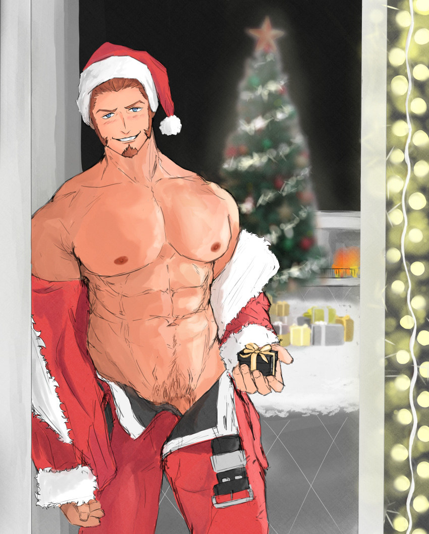 1boy abs absurdres alternate_costume alternate_pectoral_size aoshima93 bara bare_pectorals belt blue_eyes blush brown_hair christmas christmas_tree facial_hair fate/grand_order fate_(series) feet_out_of_frame gift goatee hat highres holding holding_gift jacket jacket_partially_removed large_pectorals long_sideburns male_focus male_pubic_hair mature_male muscular muscular_male napoleon_bonaparte_(fate) navel navel_hair nipples open_belt pectorals penis penis_peek pubic_hair santa_costume santa_hat short_hair sideburns smirk solo stomach unfinished