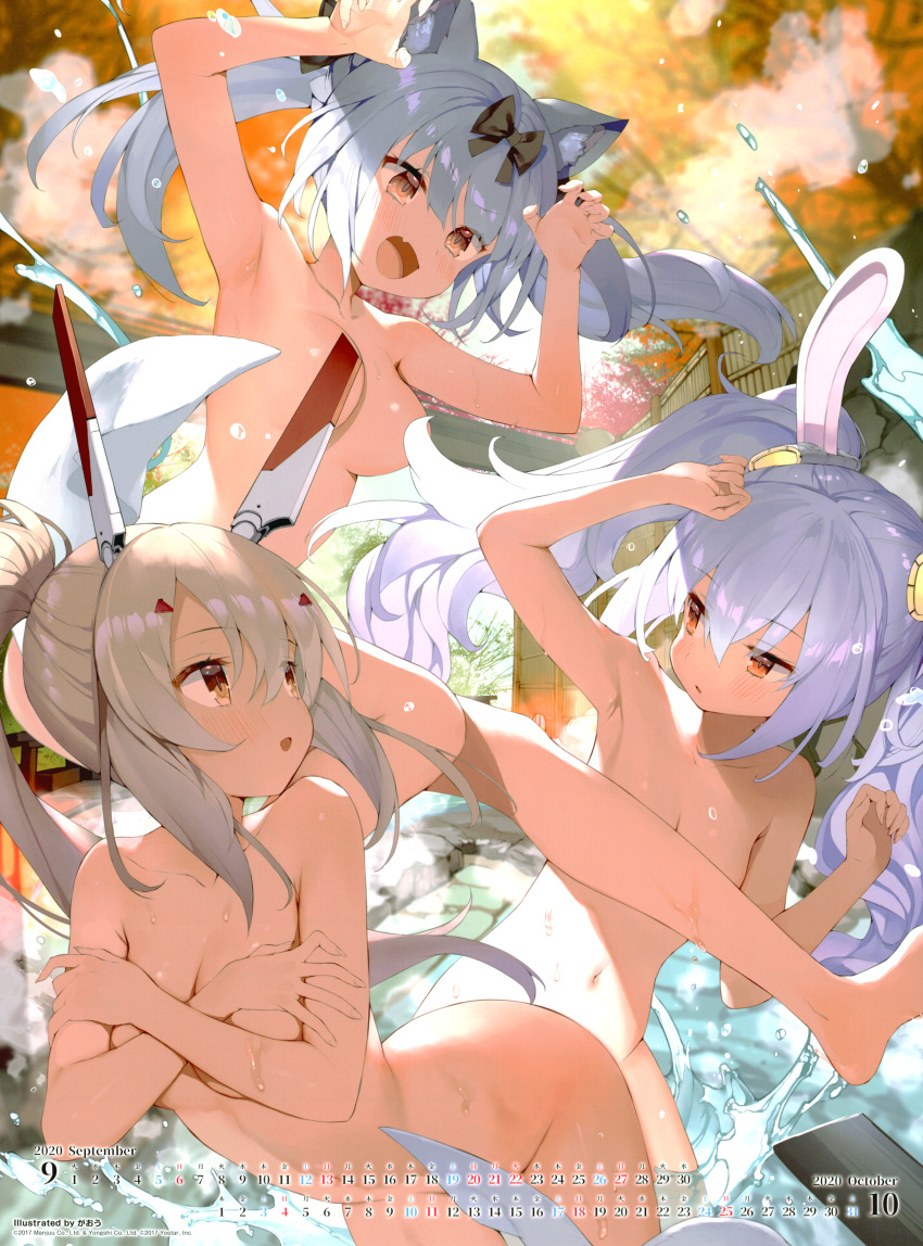3girls absurdres animal_ears armpits artist_name ayanami_(azur_lane) azur_lane bangs bare_shoulders blurry blurry_background blush breasts brown_eyes cat_ears collarbone convenient_censoring covering covering_breasts day eyebrows_visible_through_hair fake_animal_ears fang fingernails gaou_(umaiyo_puyoman) hair_ornament highres laffey_(azur_lane) long_hair mechanical_ears medium_breasts multiple_girls navel nude outdoors ponytail rabbit_ears scan shiny shiny_hair shiny_skin simple_background skin_fang smile steam stomach thighs tied_hair twintails water water_drop yukikaze_(azur_lane)
