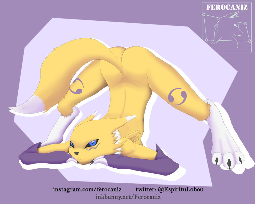 absurd_res ambiguous_gender anthro bandai_namco blonde_hair blue_eyes butt canid canine digimon digimon_(species) female ferocaniz fox hair hi_res humanoid jack-o'_pose mammal nude partial_nudity pinup pose renamon solo
