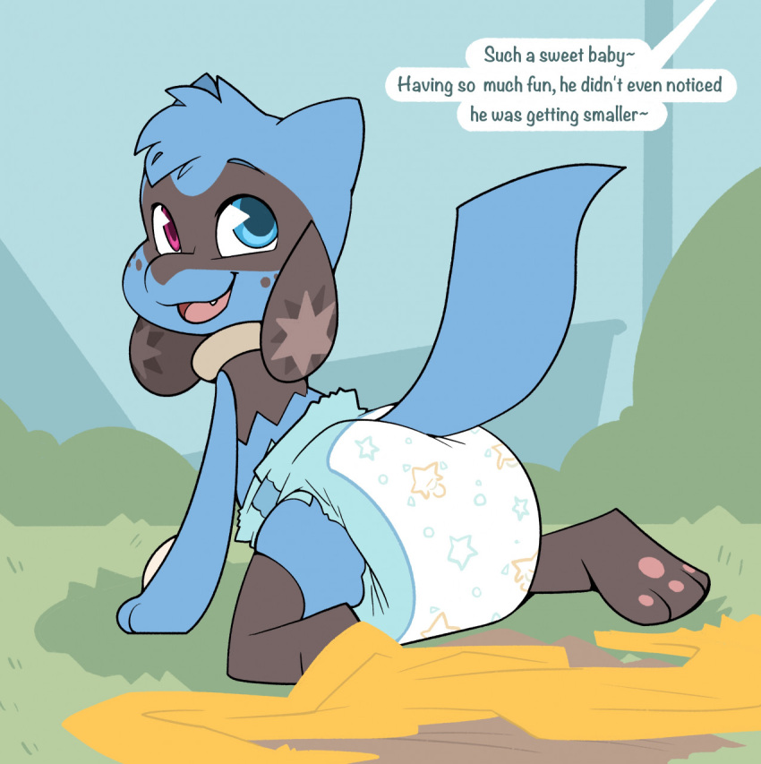 anthro canid canine cuddlehooves diaper dusk_(character) english_text hi_res male mammal nintendo padded padding pok&eacute;mon pok&eacute;mon_(species) riolu smile solo text video_games