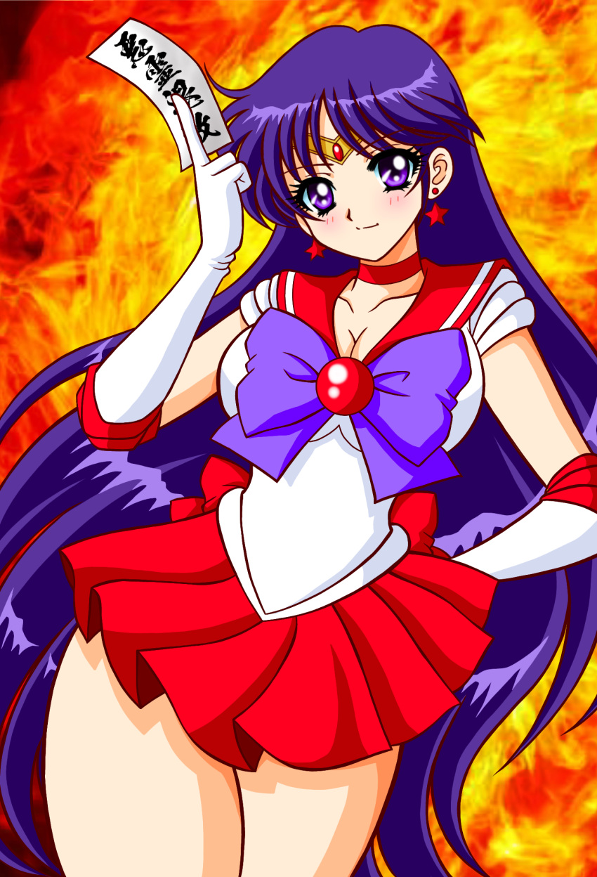 1girl bangs bare_legs bishoujo_senshi_sailor_moon breasts cleavage closed_mouth collarbone commentary cowboy_shot earrings elbow_gloves fire forehead frilled_skirt frills gloves hair_ornament hand_up highleg highleg_leotard highres hino_rei holding_charm jewelry large_breasts leotard long_hair looking_at_viewer nagaigoz parted_bangs purple_eyes purple_hair red_skirt sailor_mars short_sleeves skirt solo split_mouth talisman tiara white_gloves white_leotard