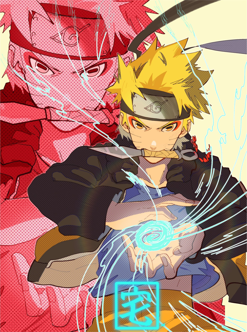 1boy blonde_hair forehead_protector grey_shirt highres in_mouth jacket konohagakure_symbol kunai looking_at_viewer naruto_(series) naruto_shippuuden ninja open_clothes open_jacket orange_jacket orange_pants pants rasengan shirt short_hair simple_background solo spiked_hair taku_(aywakutakuay) uzumaki_naruto weapon yellow_background yellow_eyes