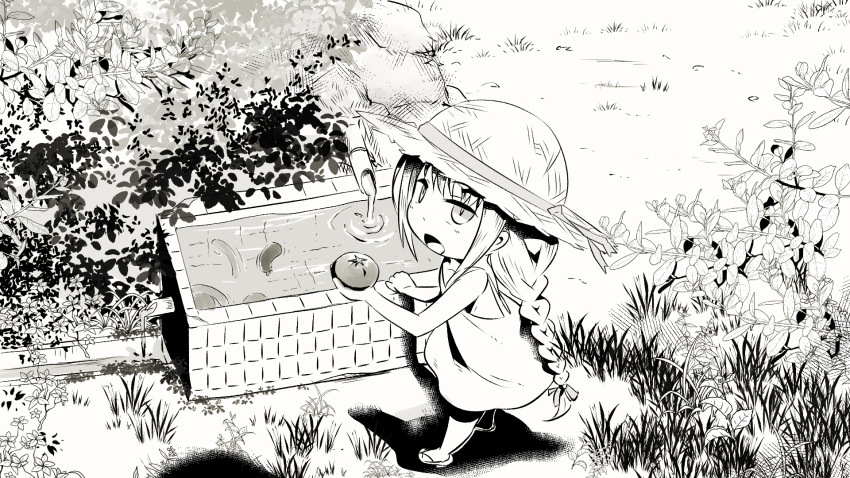 1girl :d bangs bare_arms bare_shoulders blush braid day dress flower food greyscale hat highres holding holding_food long_hair looking_at_viewer looking_up monochrome neon-tetora outdoors plant sleeveless sleeveless_dress smile solo standing straw_hat tomato tsukuyomi_ai very_long_hair voiceroid water zouri
