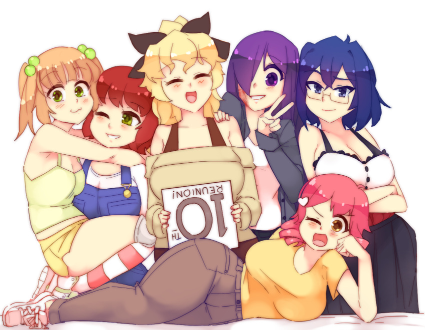 6+girls :3 :d ;d ^_^ arms_under_breasts bangs bare_arms bare_shoulders black_jacket black_ribbon blonde_hair blue_eyes blue_hair breasts brown_eyes burn_scar closed_eyes commentary drill_hair elbow_rest english_commentary eyebrows_visible_through_hair facing_viewer glasses green_eyes hair_bobbles hair_ornament hair_over_one_eye hair_ribbon hairclip hakamichi_shizune heart heart_hair_ornament holding holding_sign hug ibarazaki_emi ikezawa_hanako jacket katawa_shoujo large_breasts light_brown_hair long_hair long_sleeves looking_at_viewer lying mikado_shiina multiple_girls off-shoulder_sweater off_shoulder on_side one_eye_closed open_mouth overalls pants pink_hair ponytail purple_eyes purple_hair red_hair ribbon rtil satou_lilly scar shirt short_hair short_shorts short_sleeves shorts sign simple_background small_breasts smile sweater tezuka_rin twintails v white_background white_shirt yellow_shirt