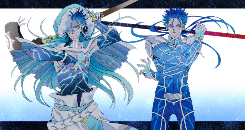 2boys abs armor belt black_tank_top blue_bodysuit blue_hair bodysuit bracelet capelet charatei closed_mouth crossed_arms cu_chulainn_(caster)_(fate) cu_chulainn_(fate) cu_chulainn_(fate/stay_night) earrings elbow_gloves fate/grand_order fate/stay_night fate_(series) fingerless_gloves floating_hair fur-trimmed_hood fur_trim gae_bolg_(fate) gloves glowing grin highres holding holding_polearm holding_staff holding_weapon hood hood_up hooded_capelet jewelry long_hair looking_at_viewer looking_to_the_side magic_circuit male_focus multiple_boys multiple_persona muscular muscular_male one_eye_covered pauldrons pectorals polearm polearm_behind_back ponytail red_eyes shoulder_armor single_vambrace skin_tight smile spiked_hair staff tank_top vambraces weapon wooden_staff